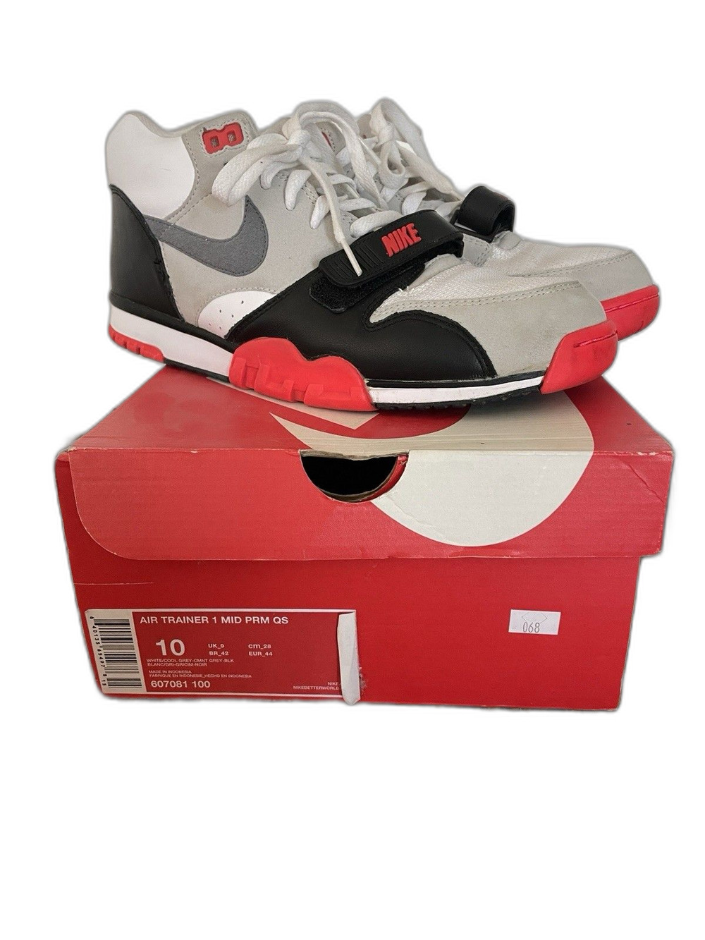 Nike Air Trainer 1 Mid PRM QS Infrared Size 10 White Grey Black 607081-100 OG